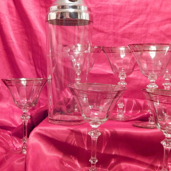 Set of 8 1920's LENOX Crystal Cocktail Glasses Stemmed Platinum-Rings Paneled